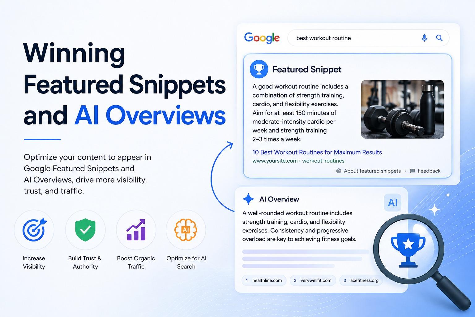 Side-by-side comparison of a Google Featured Snippet result and an AI Overview answer for the same search query, both citing the same source content