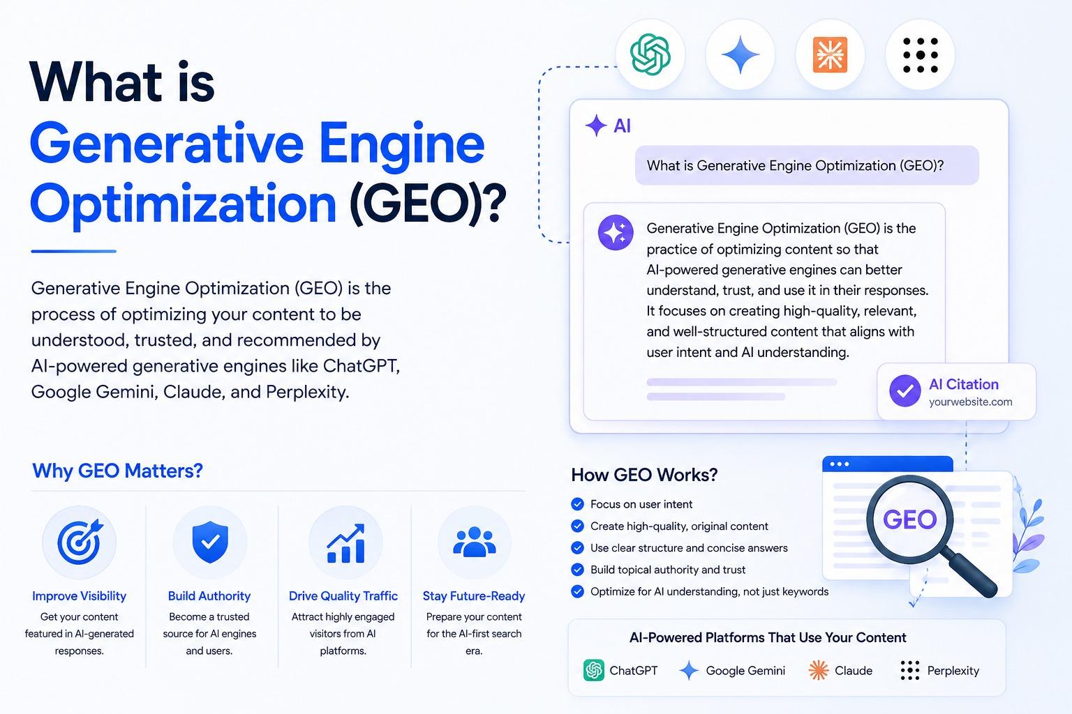 Explainer graphic defining Generative Engine Optimization (GEO) as the process of optimizing content to be understood, trusted, and recommended by AI-powered generative engines like ChatGPT, Google Gemini, Claude, and Perplexity, alongside an AI chat answer citing a website as its source